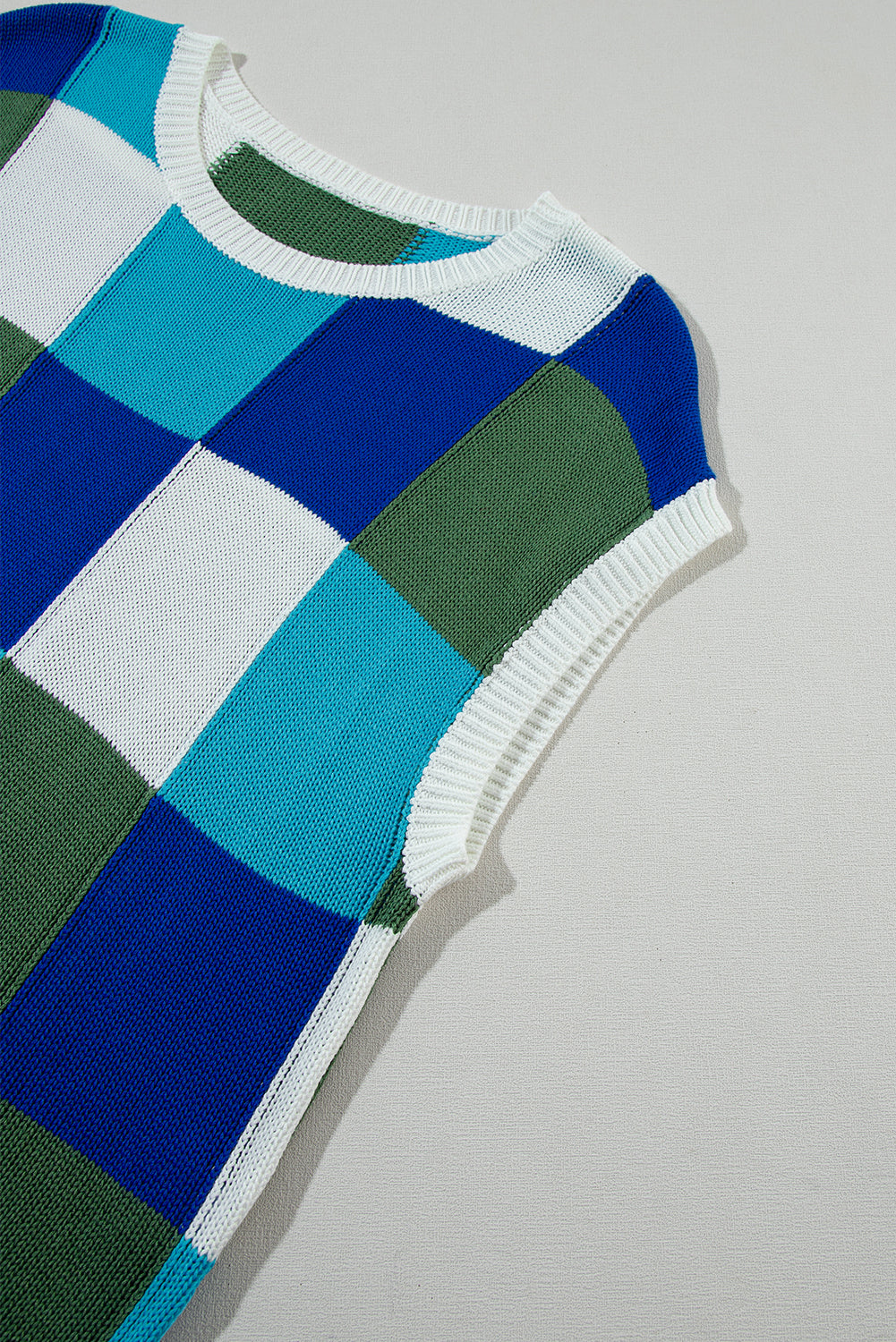 Checkered Color Block Cap Sleeve Knitted Top