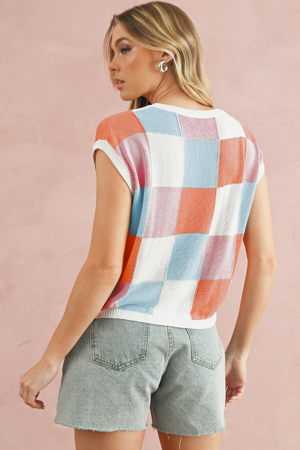 Checkered Color Block Cap Sleeve Knitted Top