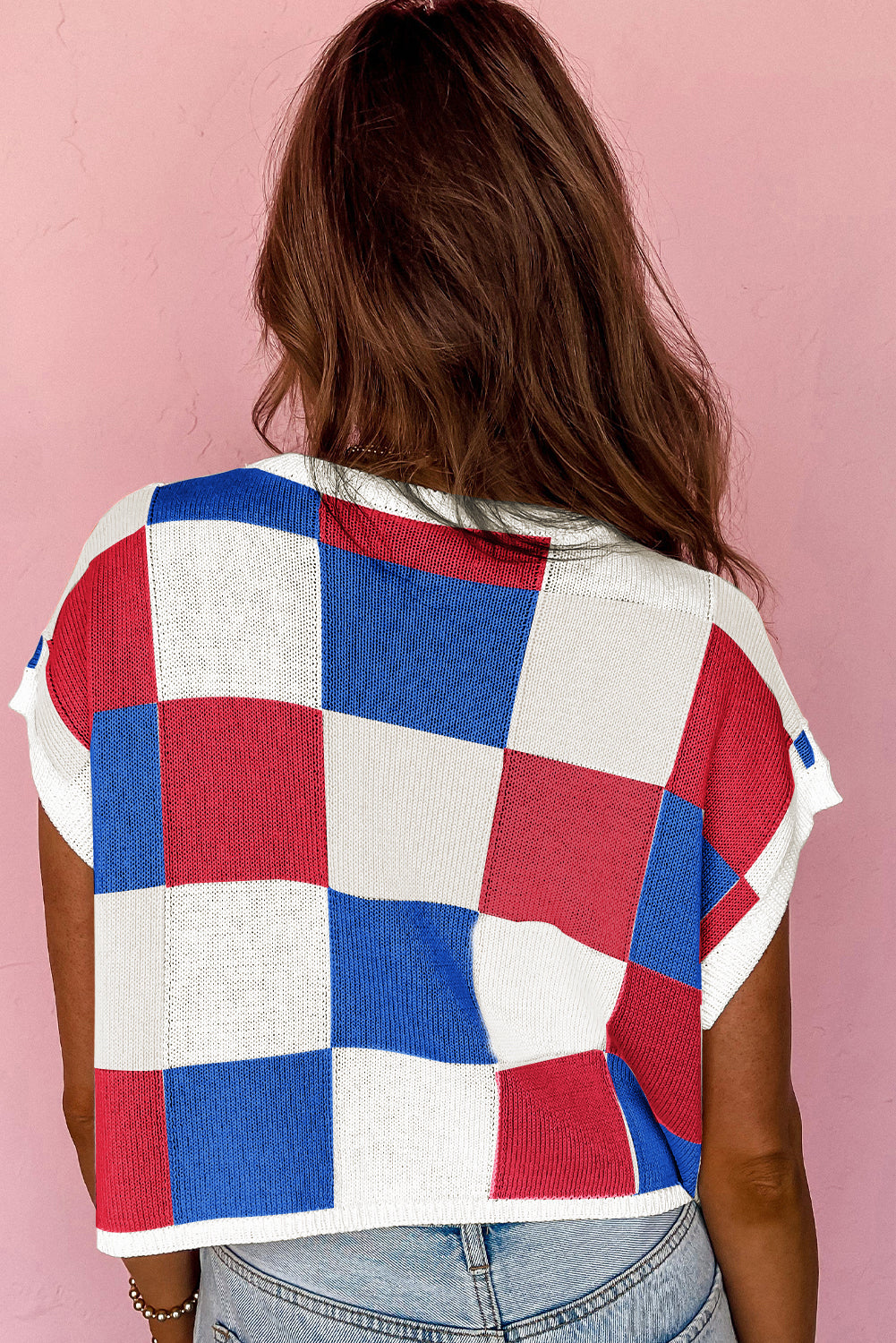 Checkered Color Block Cap Sleeve Knitted Top
