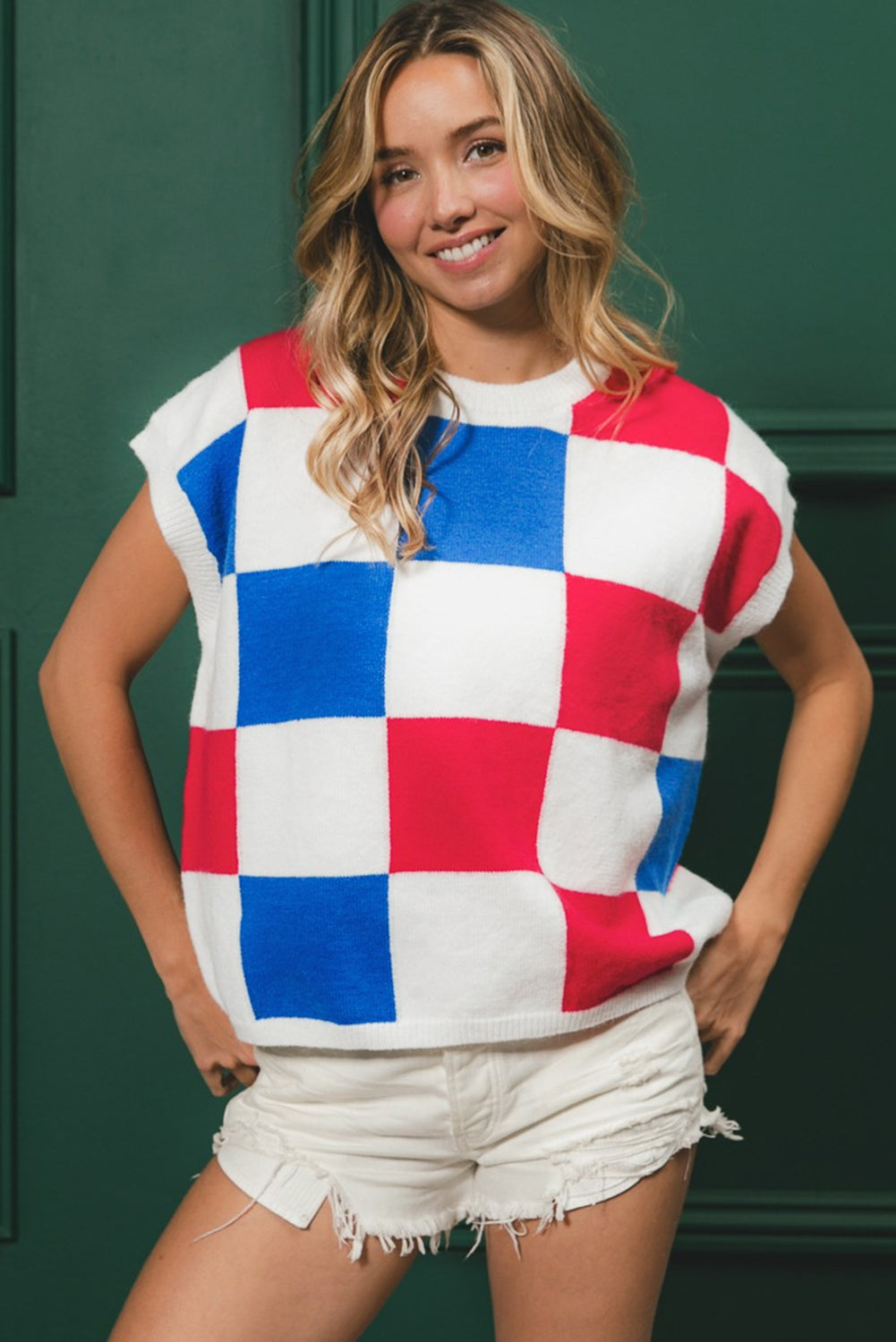 Checkered Color Block Cap Sleeve Knitted Top