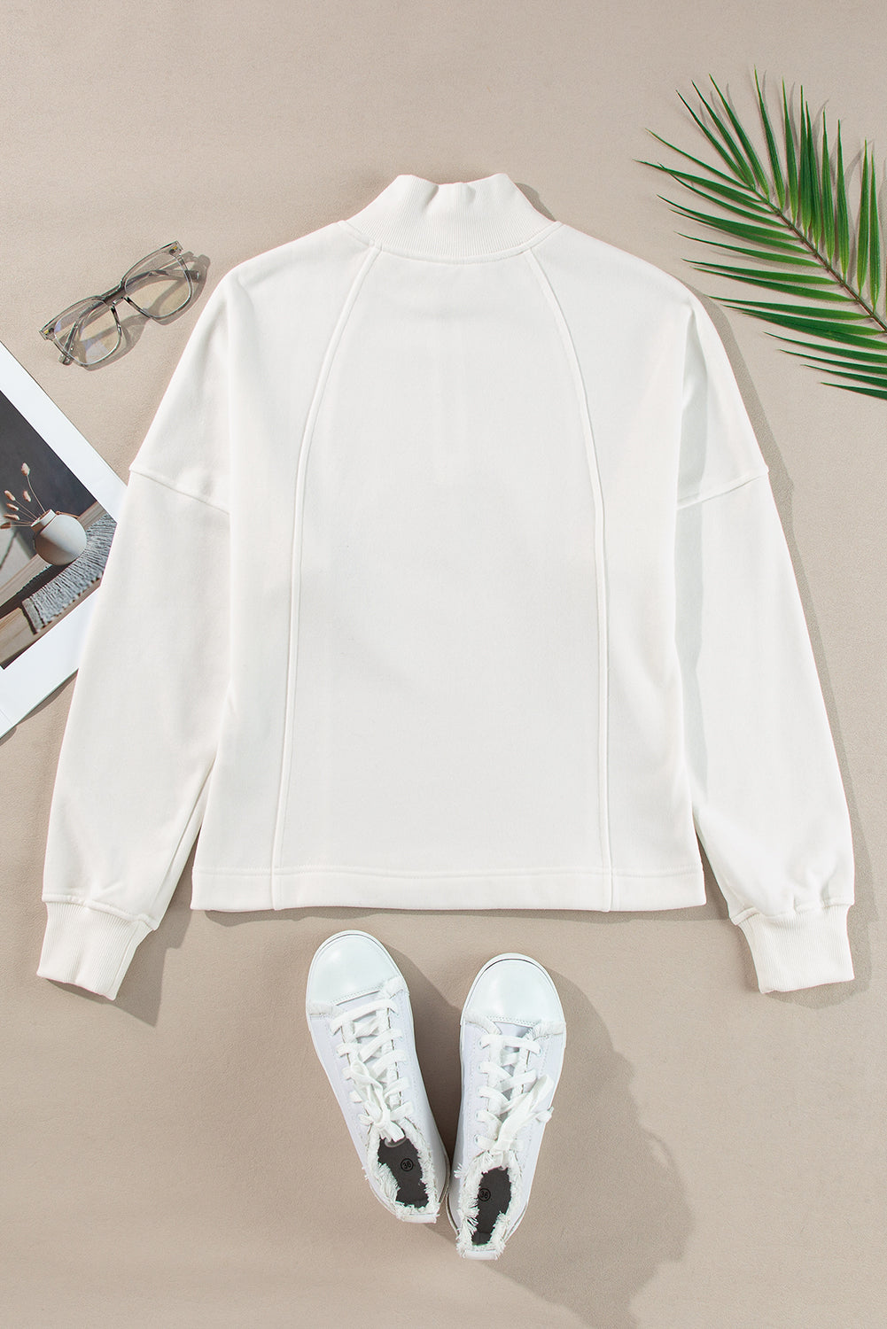 Zipper Collared Drop Shoulder Plain Sweatshirt