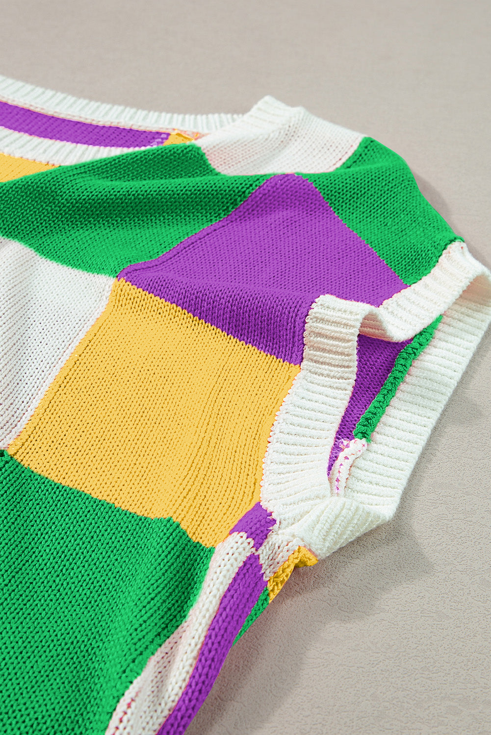 Checkered Color Block Cap Sleeve Knitted Top