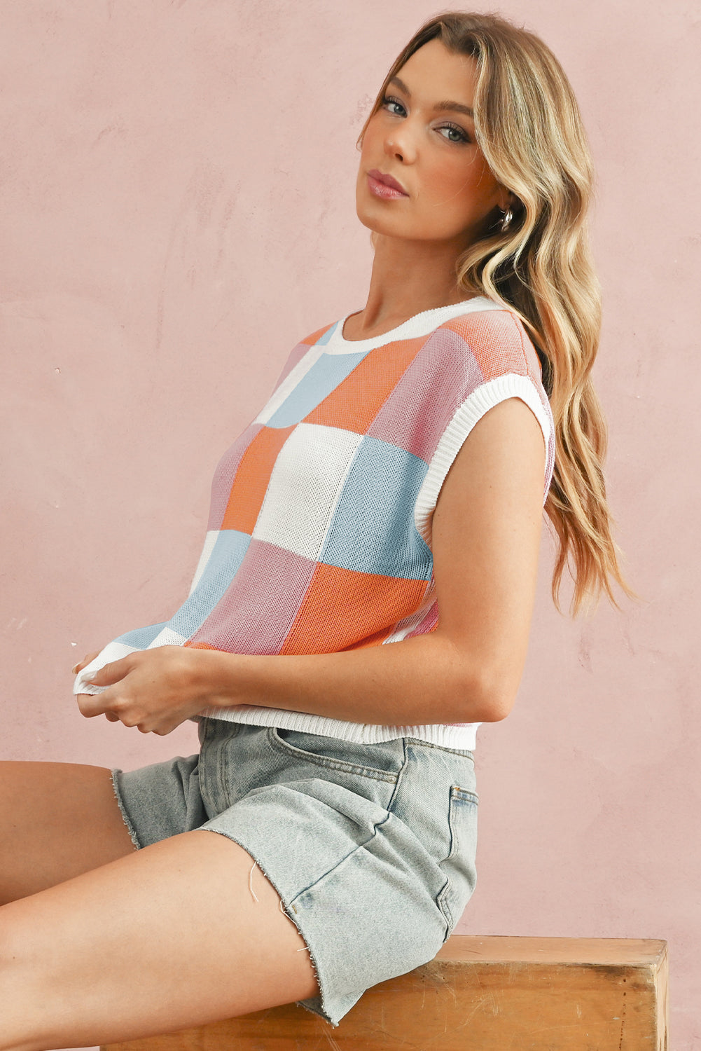 Checkered Color Block Cap Sleeve Knitted Top