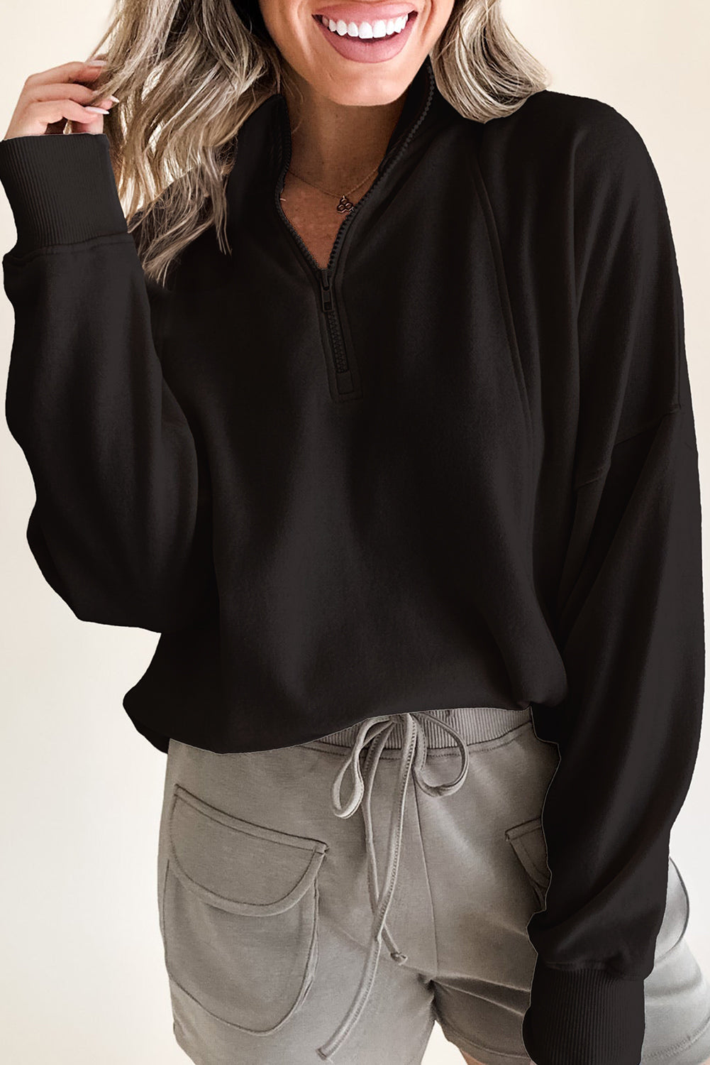 Zipper Collared Drop Shoulder Plain Sweatshirt