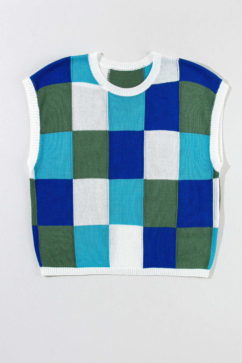 Checkered Color Block Cap Sleeve Knitted Top