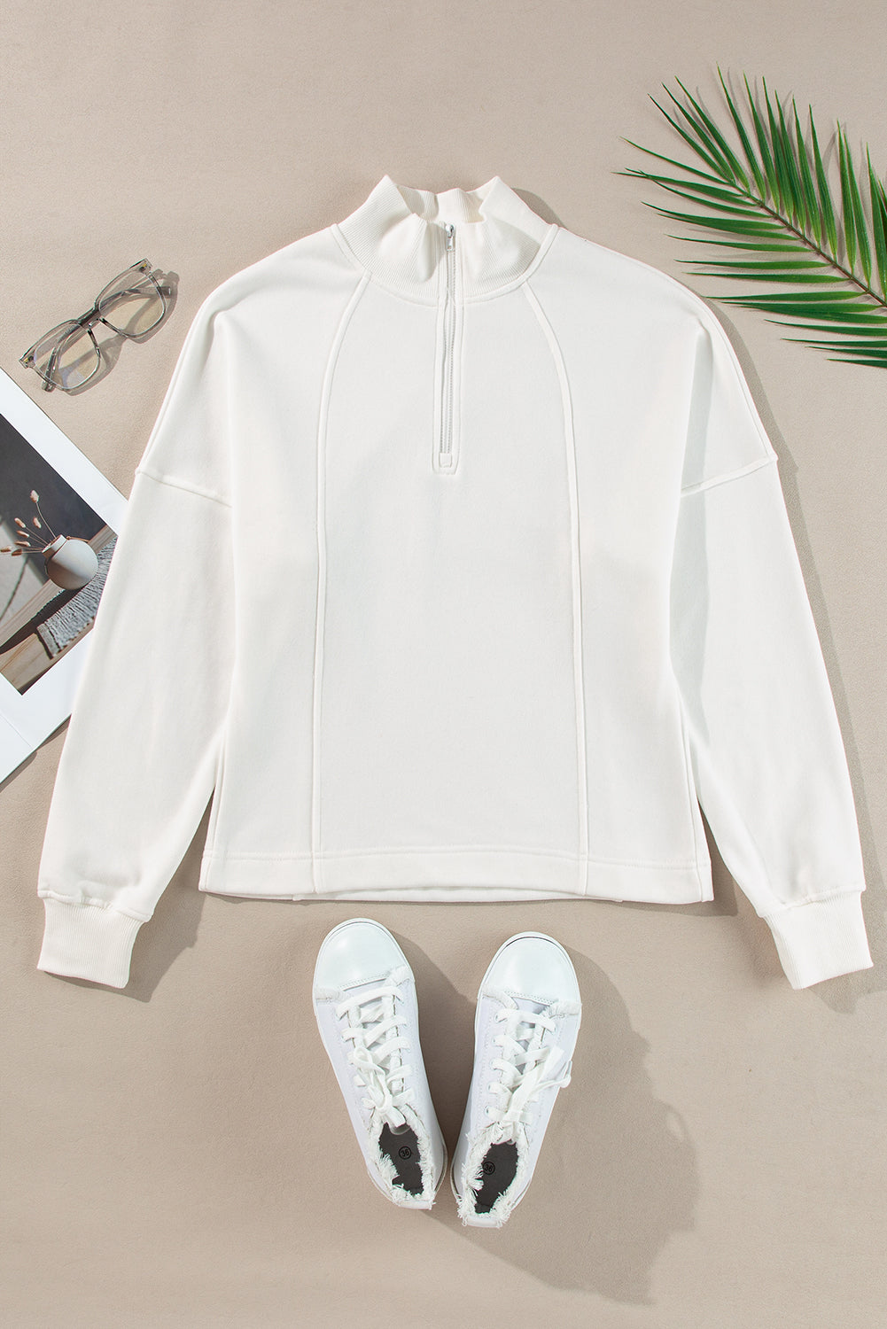 Zipper Collared Drop Shoulder Plain Sweatshirt