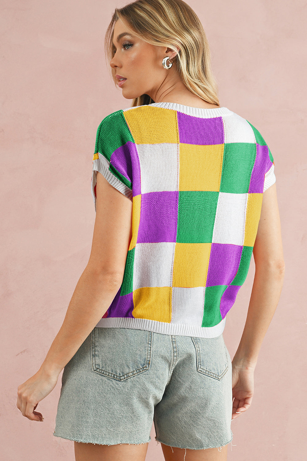 Checkered Color Block Cap Sleeve Knitted Top