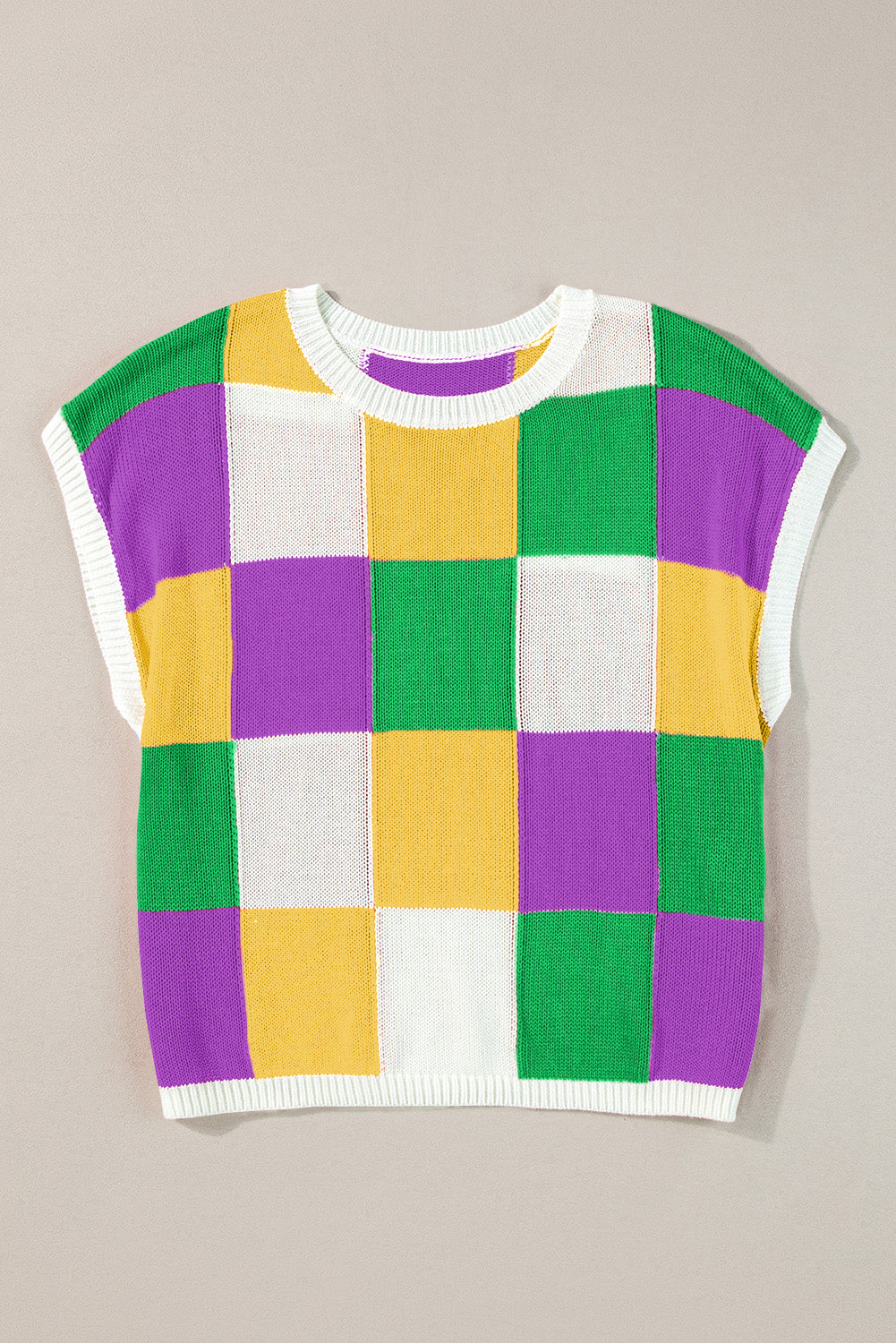 Checkered Color Block Cap Sleeve Knitted Top