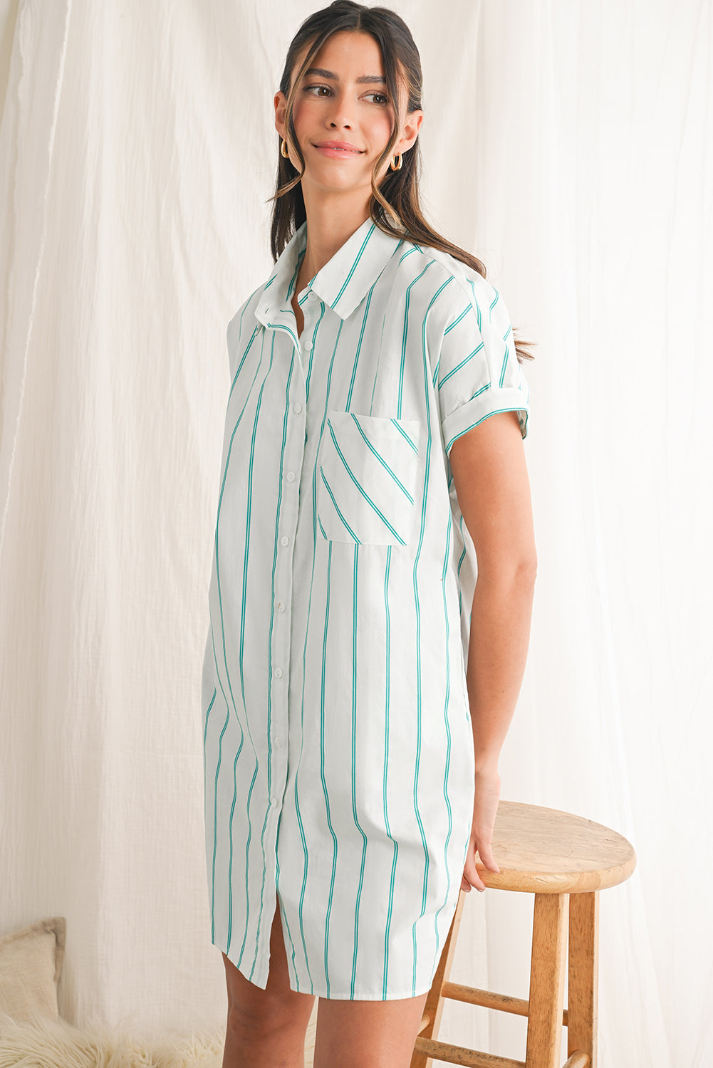 Mint Green Striped Pocket Short Sleeve Mini Dress Femme Aura Mint Green Striped Pocket Short Sleeve Mini Dress Femme Aura
