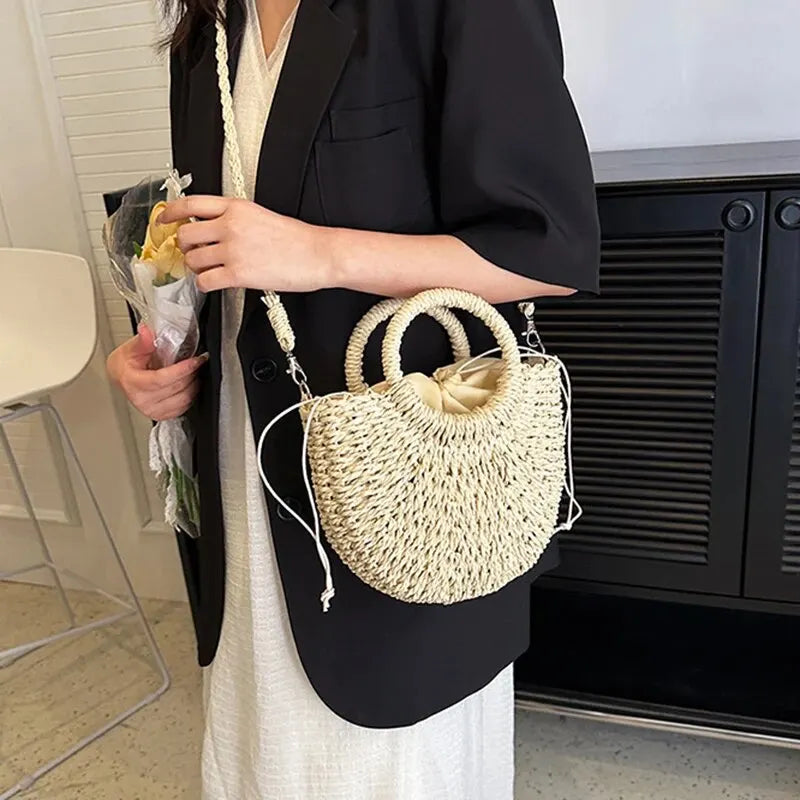 Handmade Straw Rattan Half Moon Crossbody Beach Bag