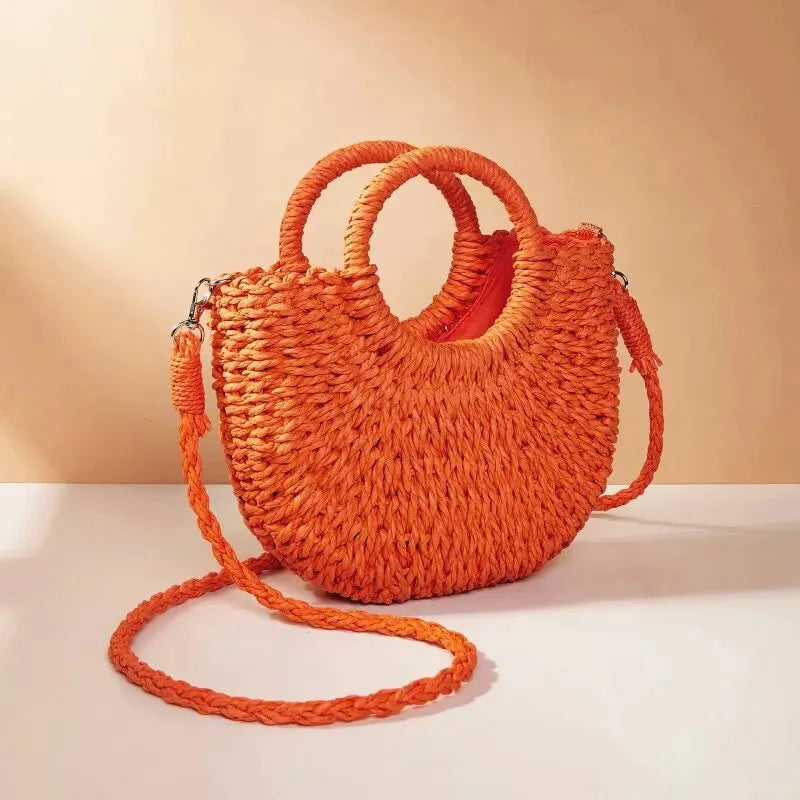 Handmade Straw Rattan Half Moon Crossbody Beach Bag