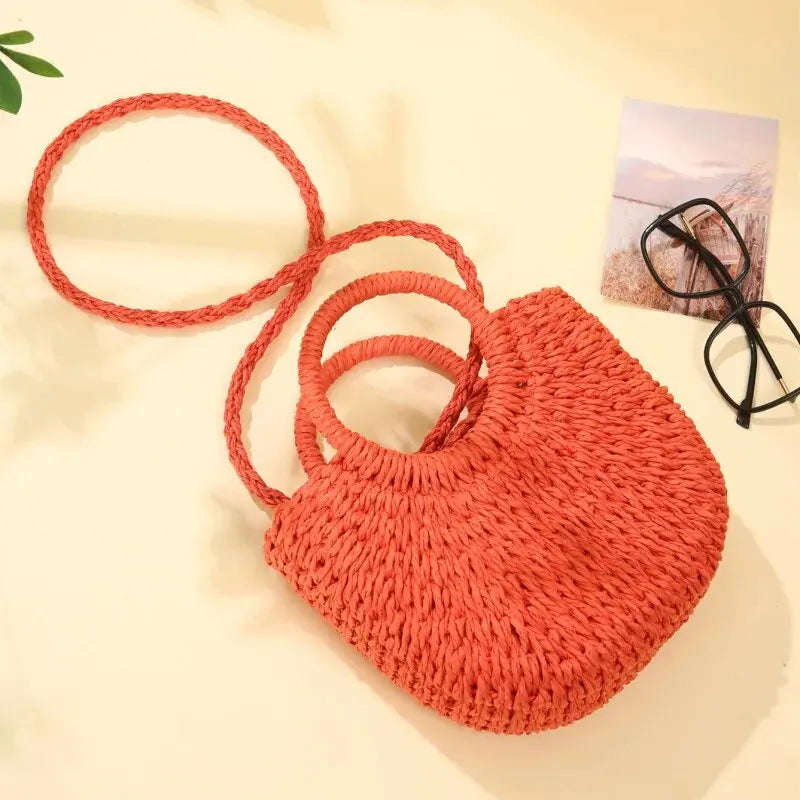 Handmade Straw Rattan Half Moon Crossbody Beach Bag