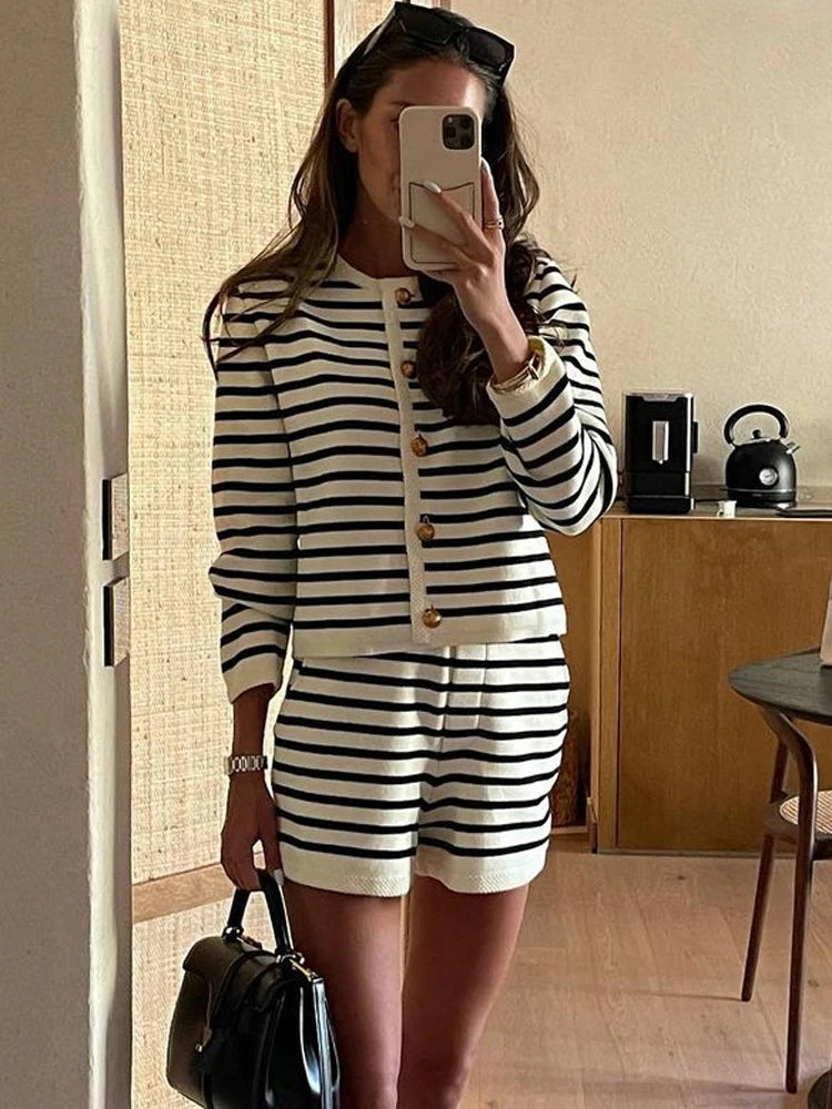 Striped 2 Piece Set - Shorts and Cardigan