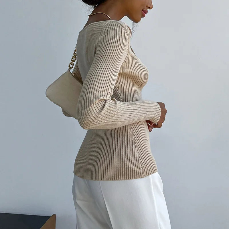 Elegant Square Neckline Long Sleeve Blouse