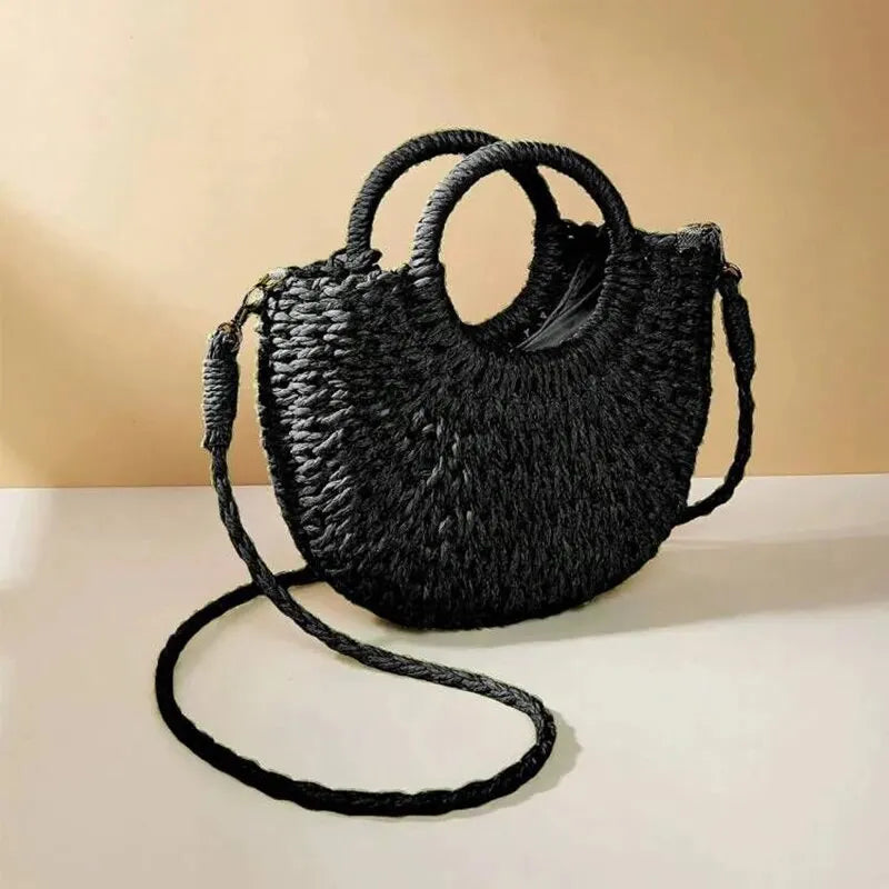 Handmade Straw Rattan Half Moon Crossbody Beach Bag