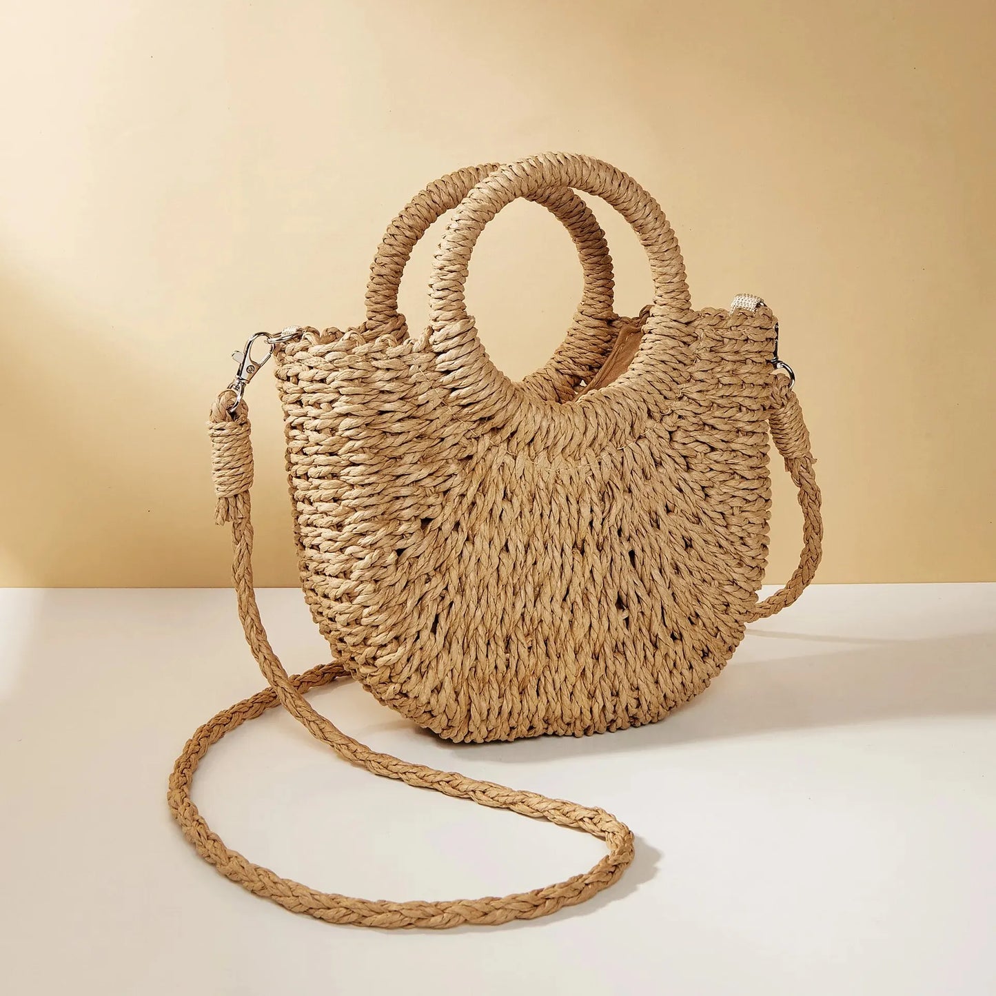 Handmade Straw Rattan Half Moon Crossbody Beach Bag