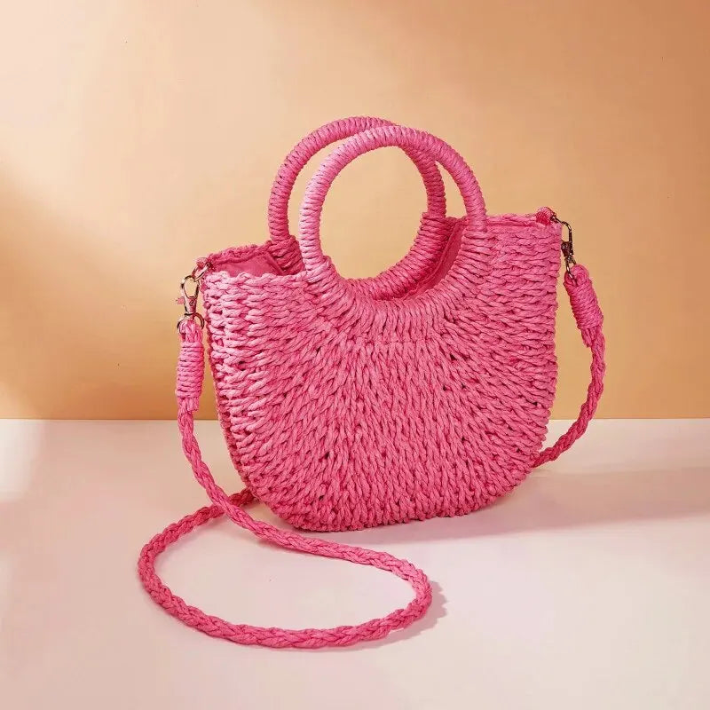 Handmade Straw Rattan Half Moon Crossbody Beach Bag