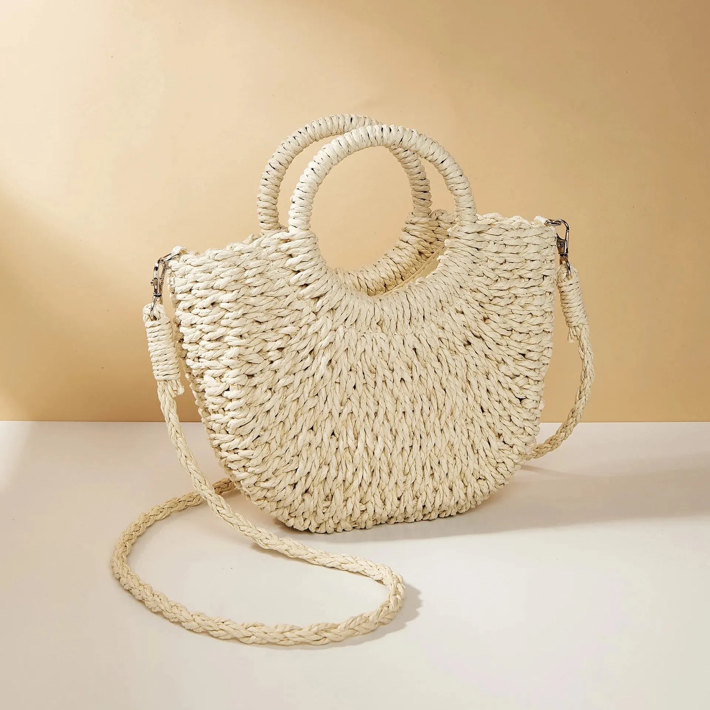 Handmade Straw Rattan Half Moon Crossbody Beach Bag