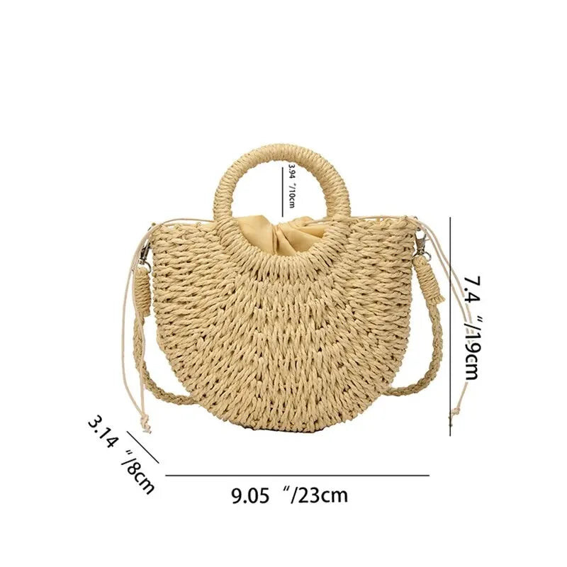 Handmade Straw Rattan Half Moon Crossbody Beach Bag