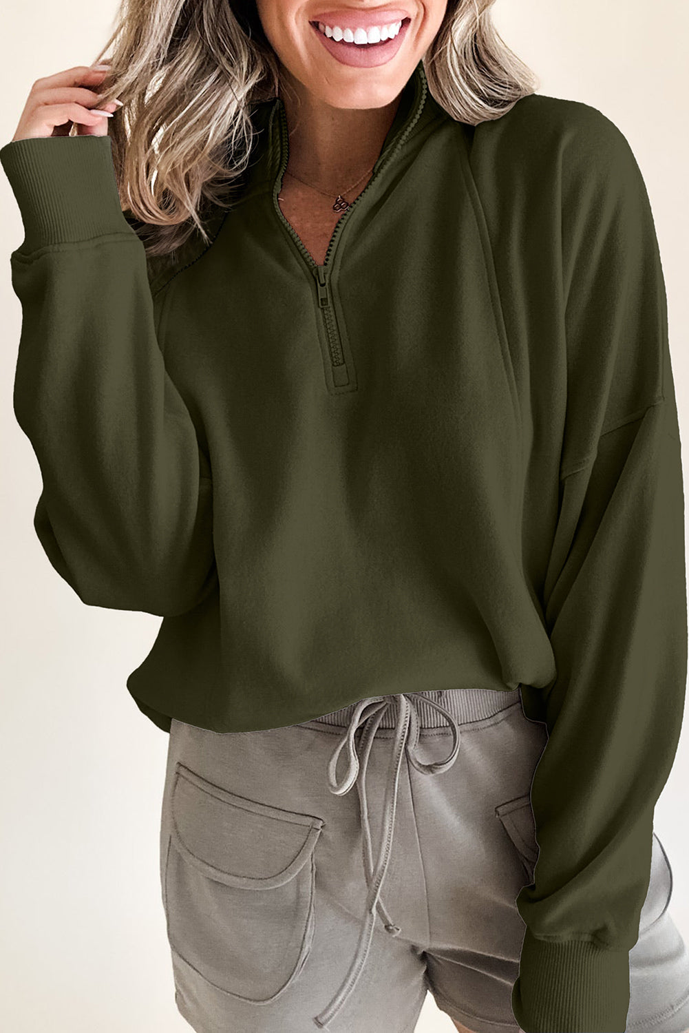 Zipper Collared Drop Shoulder Plain Sweatshirt