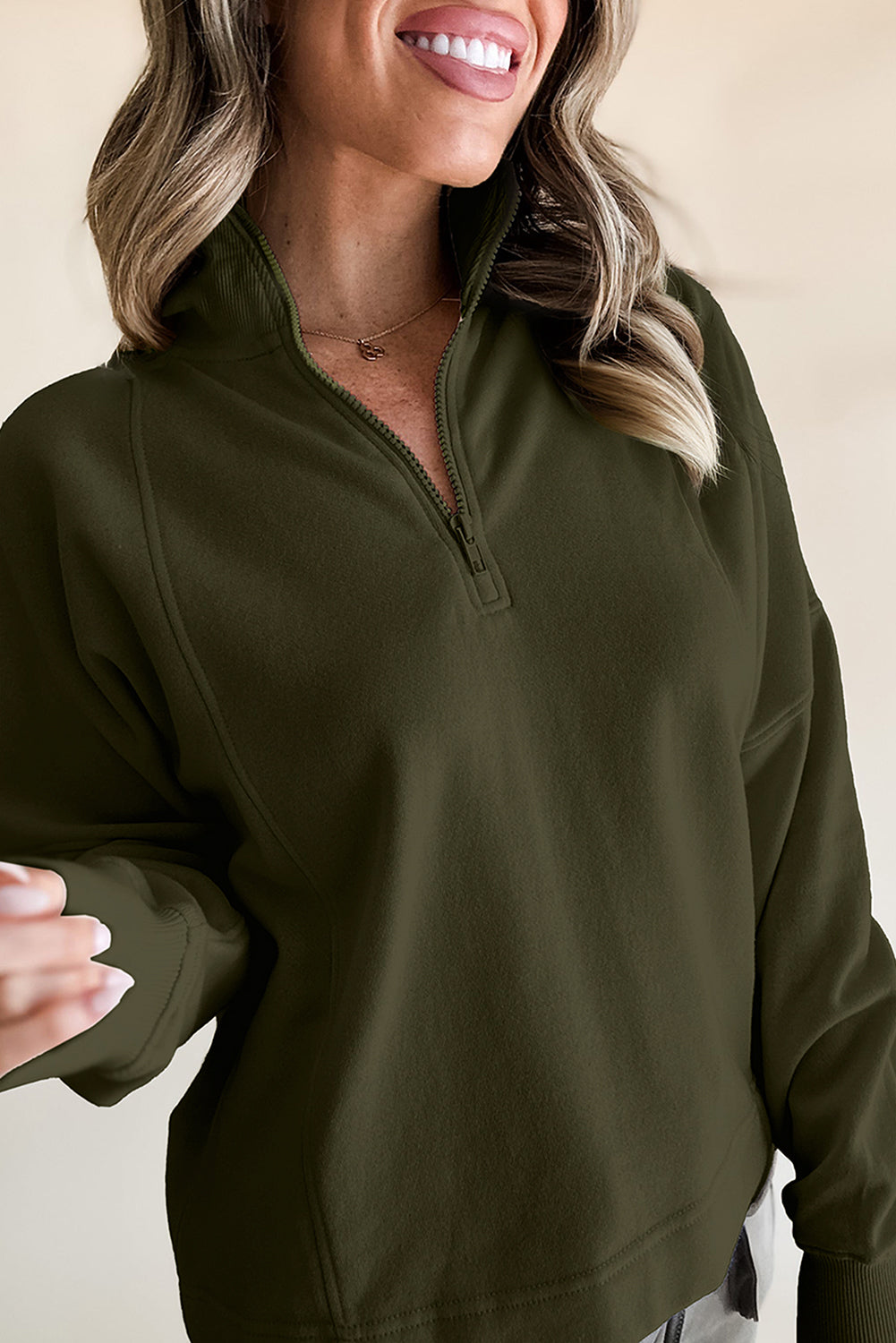 Zipper Collared Drop Shoulder Plain Sweatshirt