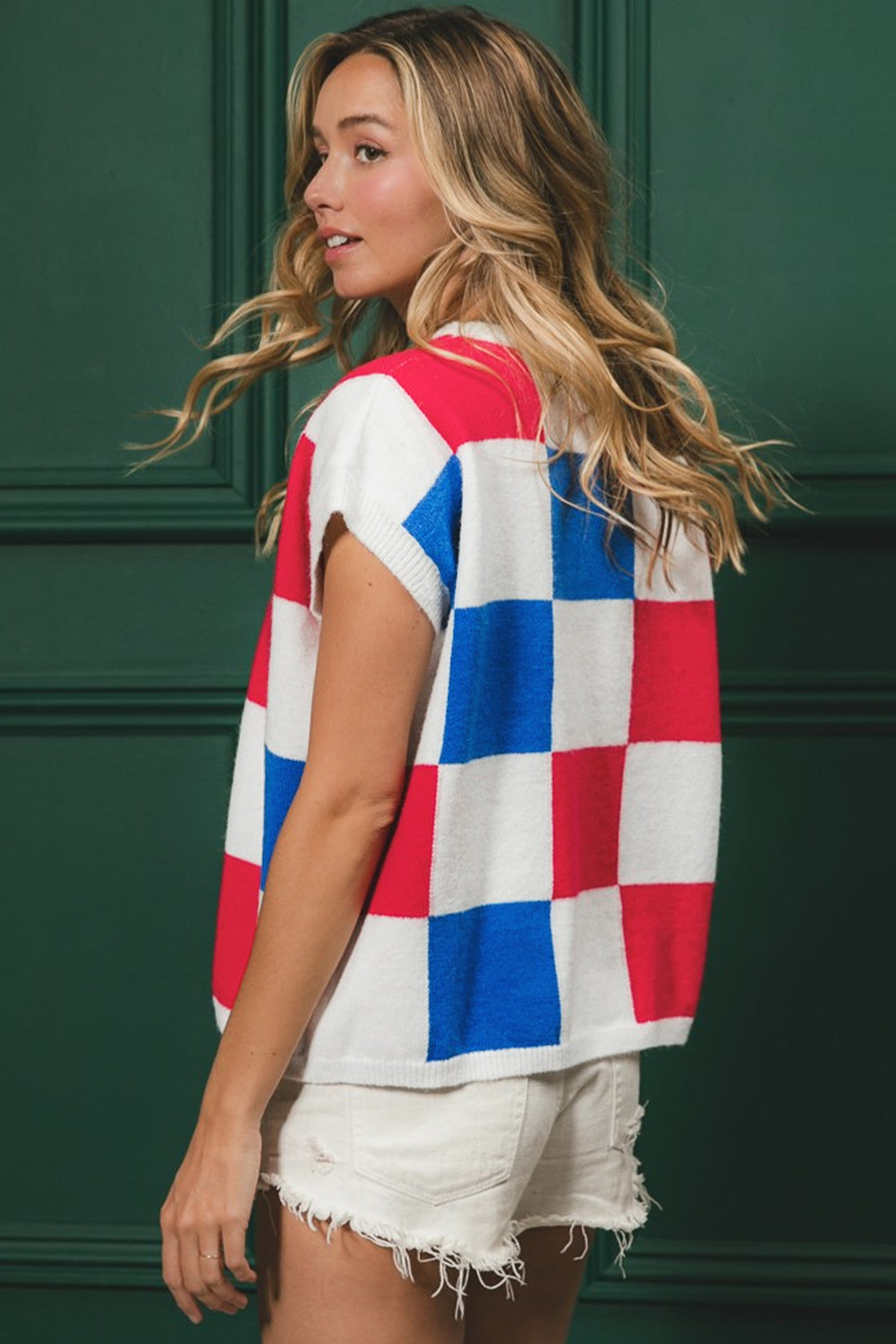 Checkered Color Block Cap Sleeve Knitted Top