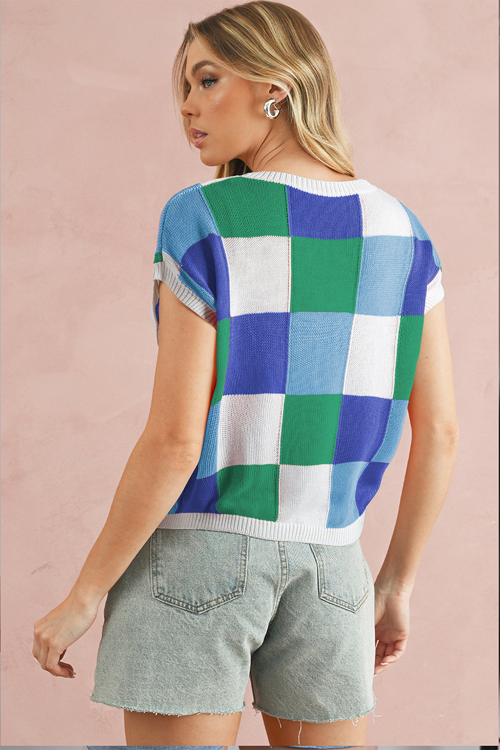 Checkered Color Block Cap Sleeve Knitted Top