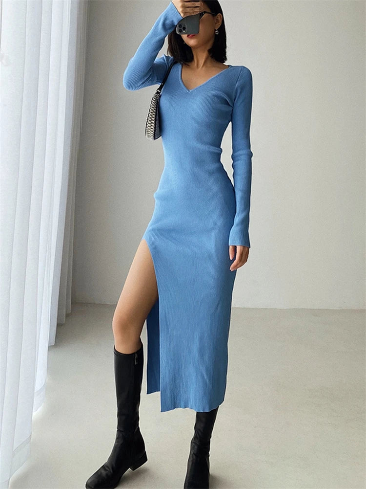 Fitted Midi Dress Long Sleeves V-Neck with Side Slit